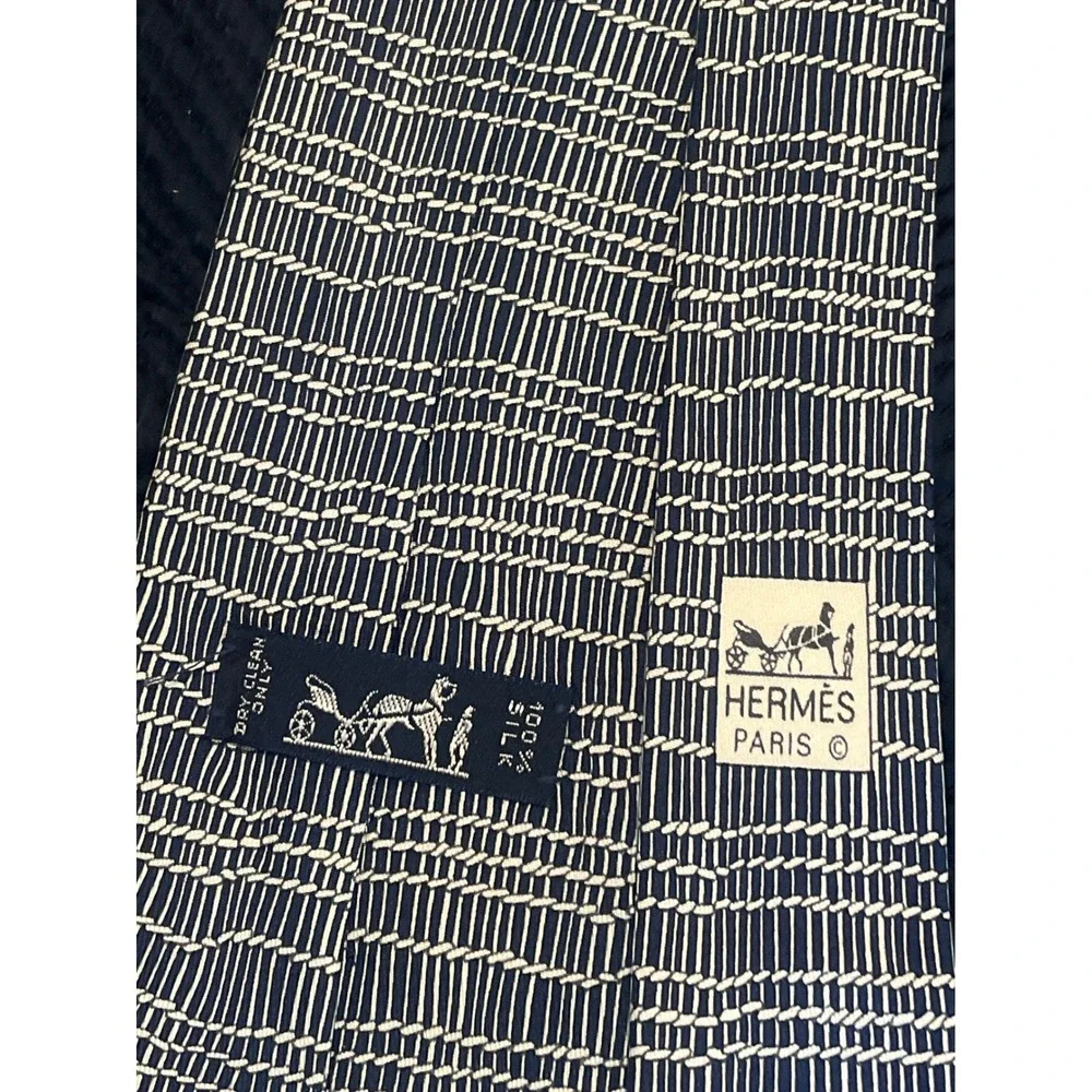 Hermes Mens Recent Tie 7802 UA Navy‎ Blue Bamboo Pattern Silk France Career